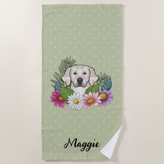 Cream Golden Retriever Colourful Flowers And Name Beach Towel (Front)