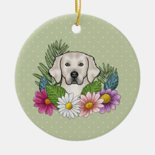 Cream Golden Retriever Colourful Flowers And Name Ceramic Tree Decoration