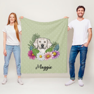Cream Golden Retriever Colourful Flowers And Name Fleece Blanket
