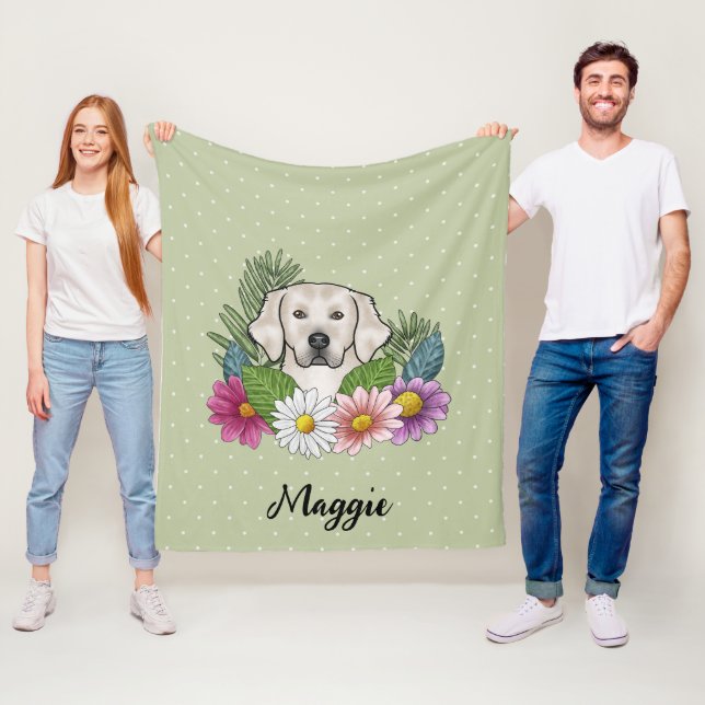 Cream Golden Retriever Colourful Flowers And Name Fleece Blanket (In Situ)