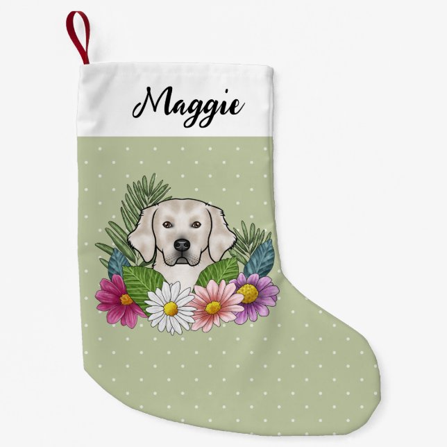 Cream Golden Retriever Colourful Flowers And Name Small Christmas Stocking (Front)