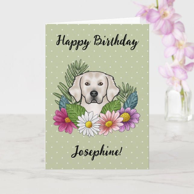 Cream Golden Retriever Colourful Flowers Birthday Card (Orchid)