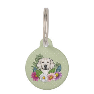 Cream Golden Retriever Dog Colourful Flowers Green Pet Tag