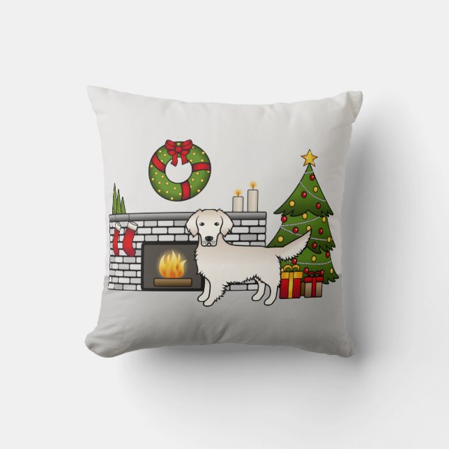 Cream Golden Retriever In Christmas Room Cushion (Front)
