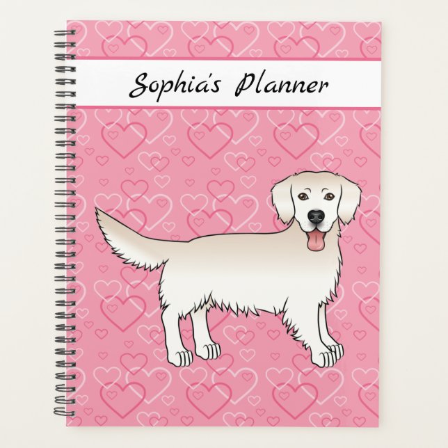 Cream Golden Retriever On Pink Hearts & Text Planner (Front)
