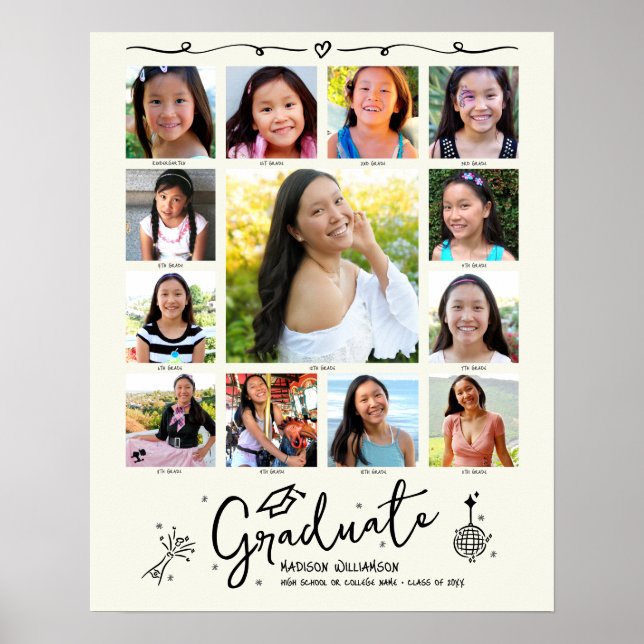 Cream Graduation K–12 Photo Collage Black Doodles Poster (Front)