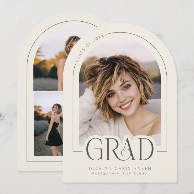 Cream Gray Modern Photo Collage Grad Announcement (Front/Back)
