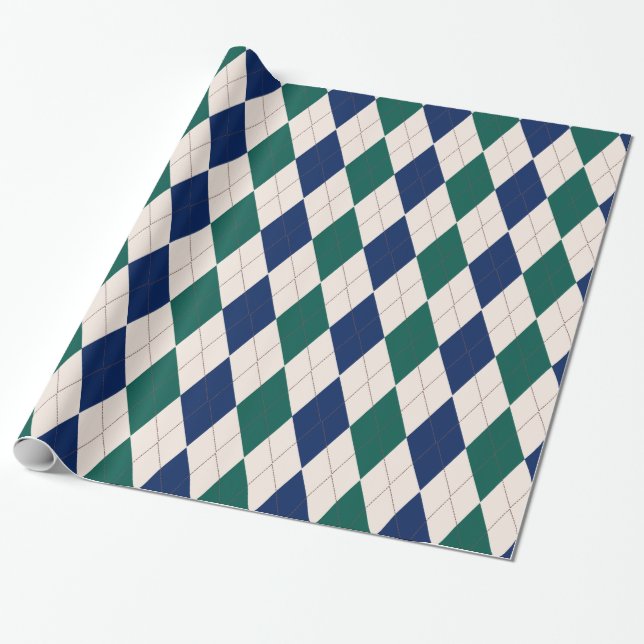 Cream, Green and Navy Argyle Wrapping Paper (Unrolled)