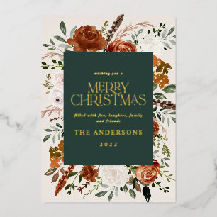 cream green chic floral botanical elegant script foil holiday card