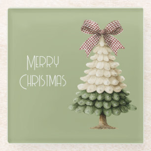 Cream Green Christmas Tree Red Bow Glass Coaster