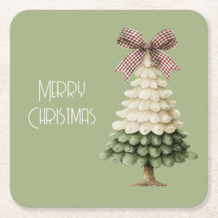 Cream Green Christmas Tree Red Bow Square Paper Coaster