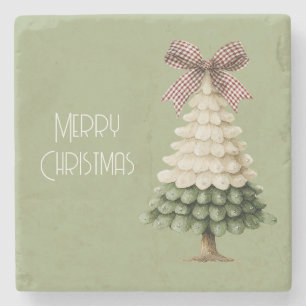 Cream Green Christmas Tree Red Bow Stone Coaster