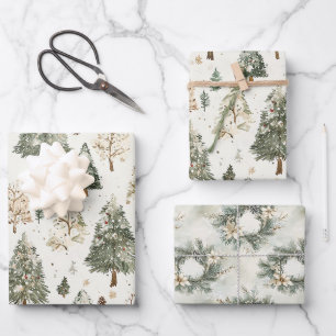 Cream Green Christmas Trees Wreaths Wrapping Paper Sheet