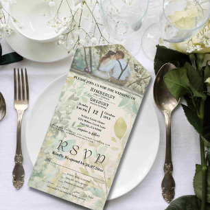 Cream Green Eucalyptus Botanical Minimalist All In One Invitation