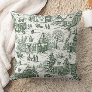 Cream Green Holiday Village Scenic Toile Cushion