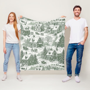 Cream Green Holiday Village Scenic Toile Fleece Blanket