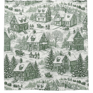Cream Green Holiday Village Scenic Toile Shower Curtain