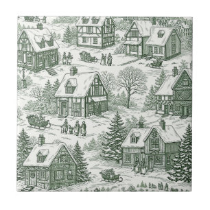 Cream Green Holiday Village Scenic Toile Tile