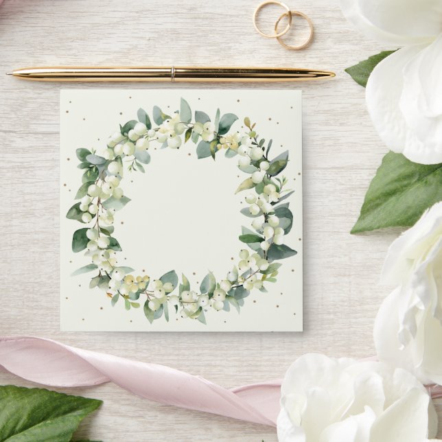 Cream/Green Inner  Snowberry+Eucalyptus Wreath Sq Envelope (Wedding)