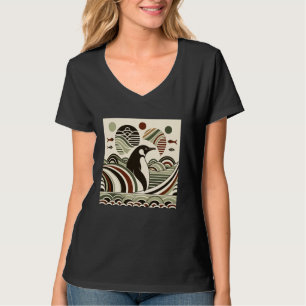Cream Green Maroon Penguin Waves Art Deco Vintage T-Shirt