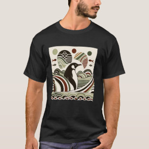 Cream Green Maroon Penguin Waves Art Deco Vintage T-Shirt
