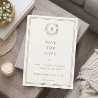 Cream green monogram wreath birthday