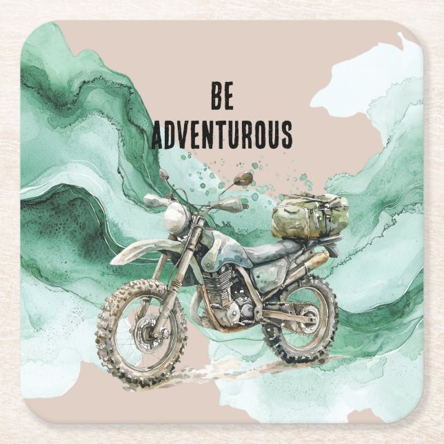 Cream Green Motorcycle Adventure Square Paper Coaster (Front)