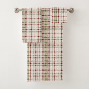 Cream Green Red Plaid Stripes Bath Towel Set