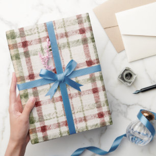 Cream Green Red Plaid Stripes Birthday Wrapping Paper
