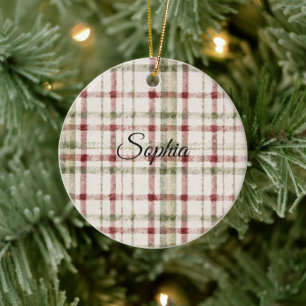 Cream Green Red Plaid Stripes Ceramic Tree Decoration