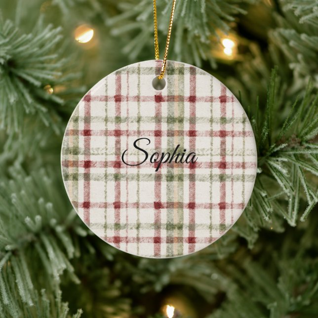 Cream Green Red Plaid Stripes  Ceramic Tree Decoration (Tree)