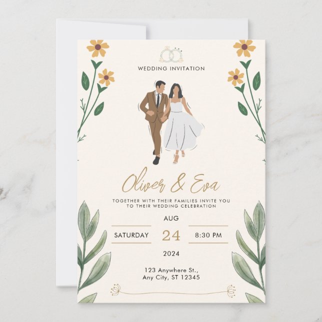 Cream Green Simple Illustrated Wedding Invitation (Front)