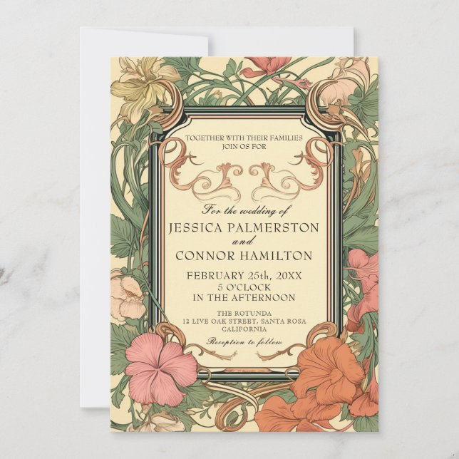 Cream Green Vintage Floral Wedding Invitation (Front)