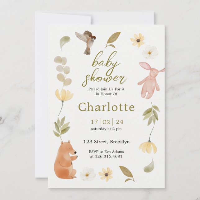 Cream Green Watercolor Animals Baby Shower Invitation (Front)