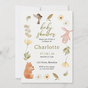 Cream Green Watercolor Animals Baby Shower Invitation