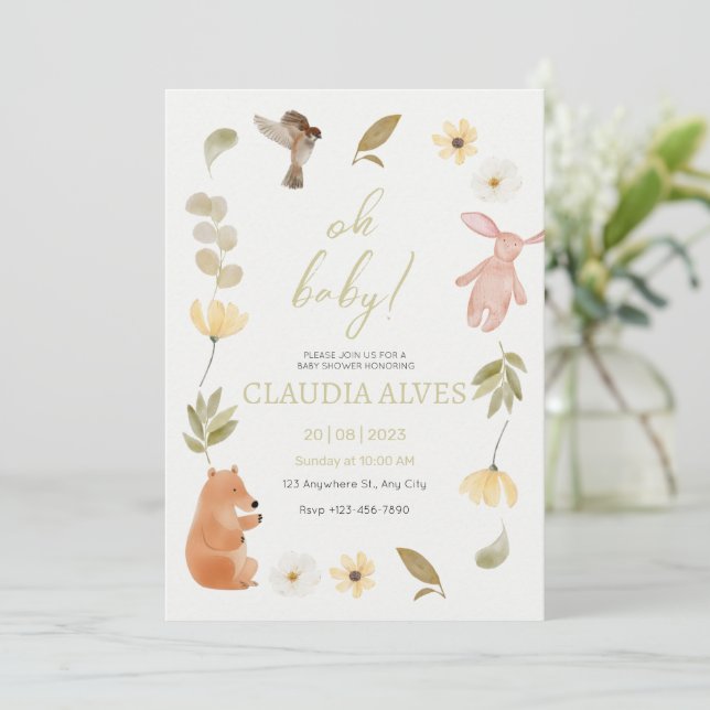Cream Green Watercolor Baby Shower Honouring  Invitation (Standing Front)