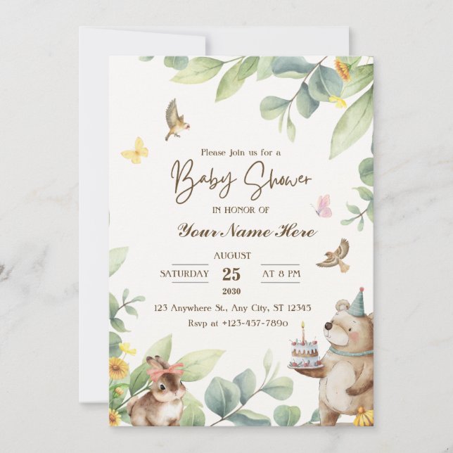 Cream Green Watercolor Baby Shower Invitations (Front)