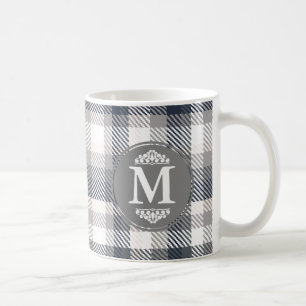 Cream & Grey Plaid Monogram Letter Coffee Mug