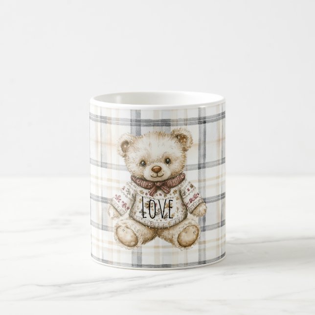 Cream Grey Plaid Stripes Teddy Bear Love Coffee Mug (Center)