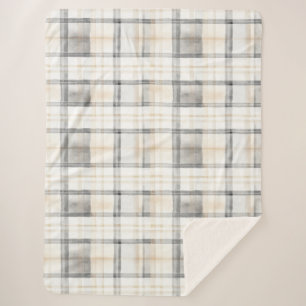 Cream Grey Yellow Plaid Stripes Sherpa Blanket