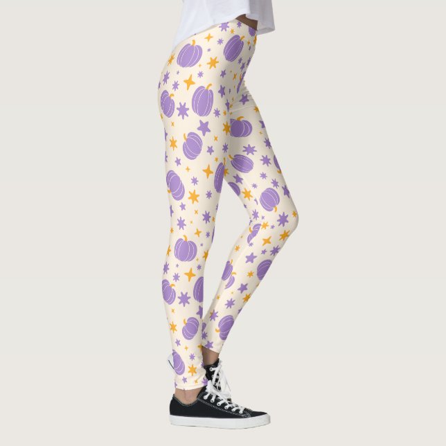 Cream Halloween Leggings with Cute Purple Pumpkins (Right)