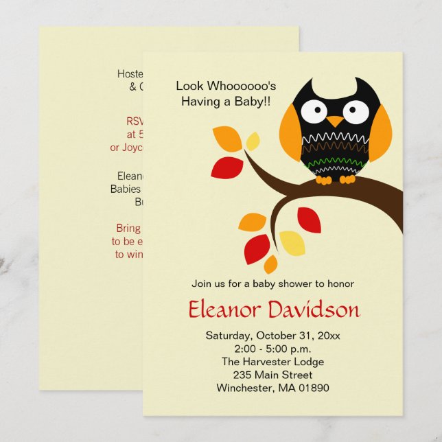 Cream Halloween Owl Autumn Baby Shower Invite 5x7 (Front/Back)