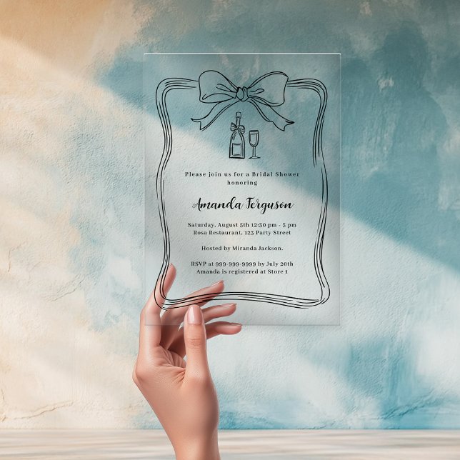 Cream hand drawn bow prosecco clear Bridal Shower Acrylic Invitations (Creator Uploaded)