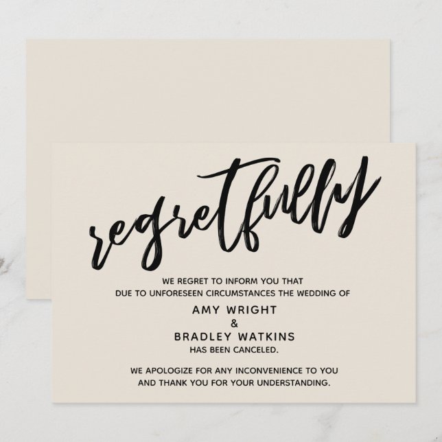 Cream Handwriting Cancelled Wedding Regrets Card (Front/Back)