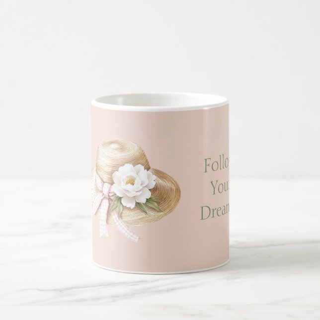 Cream Hat Pink Bow White Flower Coffee Mug (Center)