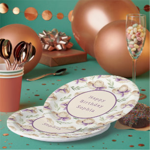 Cream Hats Purple Ribbons Birthday Paper Plate