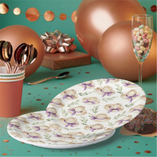 Cream Hats Purple Ribbons Birthday Paper Plate