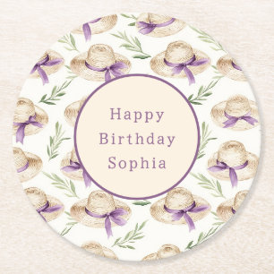 Cream Hats Purple Ribbons Birthday Round Paper Coaster