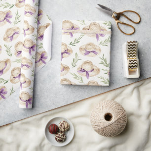 Cream Hats Purple Ribbons Birthday Wrapping Paper