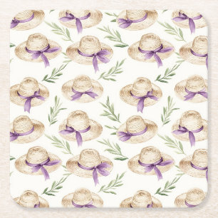Cream Hats Purple Ribbons Square Paper Coaster